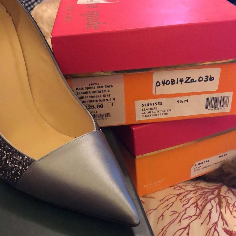 Kate Spade Leandre Anthracite/Glitter Smoke Grey Satin Pump Like New 9 1/2M - Picture 2 of 4